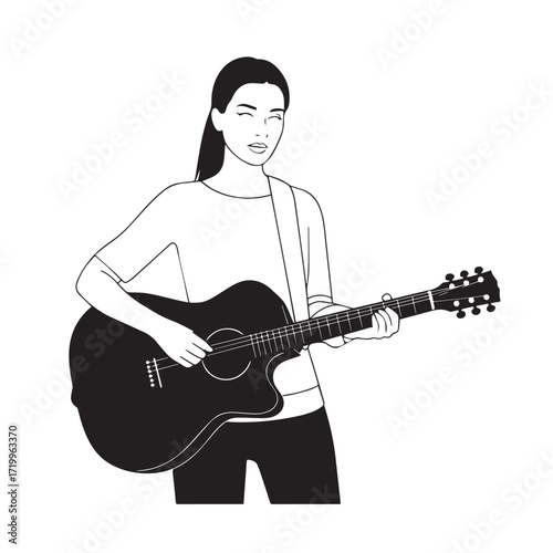 
Black and white line art of a cool woman playing guitar in casual outfit minimalist stylish illustration