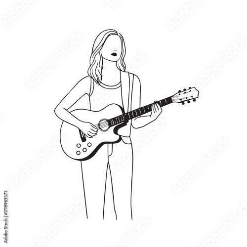 
Black and white line art of a cool woman playing guitar in casual outfit minimalist stylish illustration