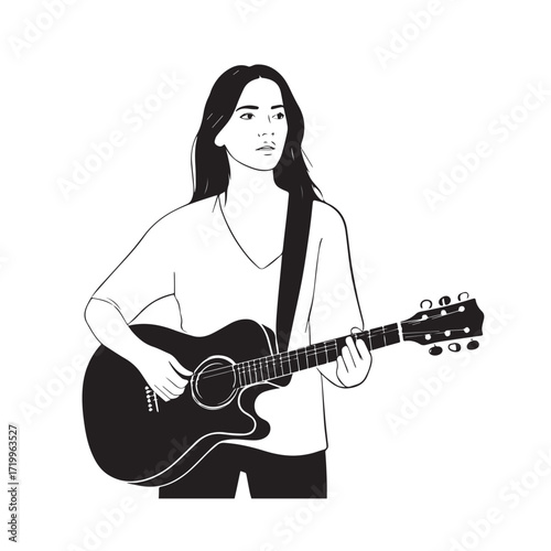 
Black and white line art of a cool woman playing guitar in casual outfit minimalist stylish illustration