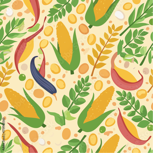 Vector seamless pattern of plant-based feed ingredients- corn kernels, soybean pods, wheat