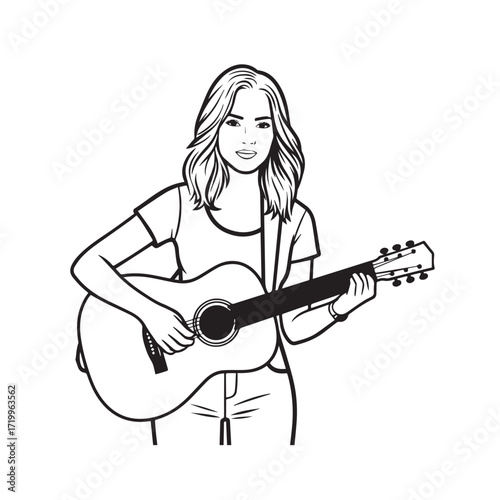 
Black and white line art of a cool woman playing guitar in casual outfit minimalist stylish illustration