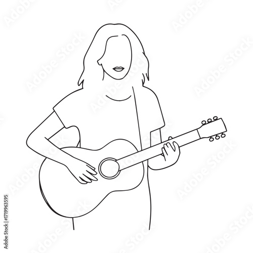 
Black and white line art of a cool woman playing guitar in casual outfit minimalist stylish illustration