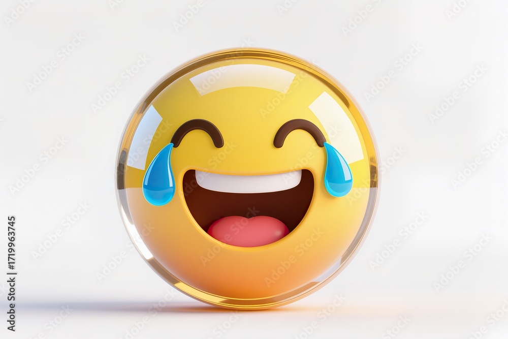 Obraz premium a yellow Gradient Laughing emoticon with tears of joy with 3D glass effect, modern digital art, white base 