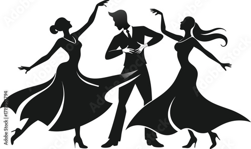 Elegant silhouettes of a man and two women dancing together