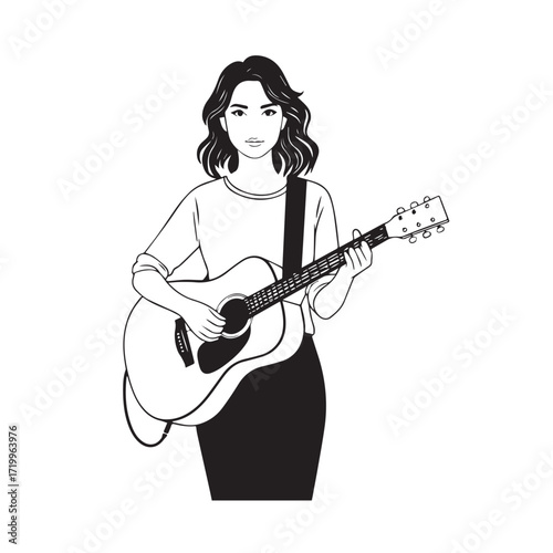 
Black and white line art of a cool woman playing guitar in casual outfit minimalist stylish illustration