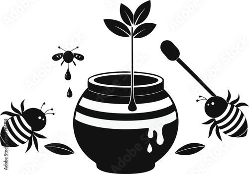 Whimsical illustration of bees and a honey pot with dripping honey