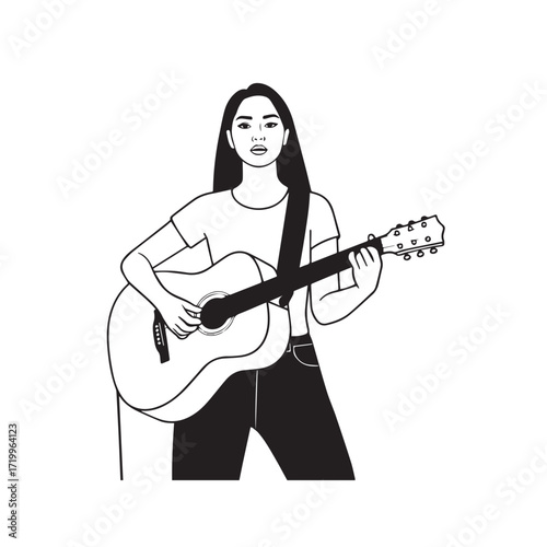 
Black and white line art of a cool woman playing guitar in casual outfit minimalist stylish illustration