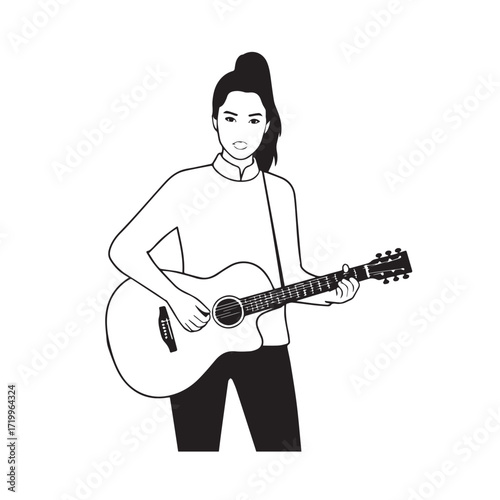 
Black and white line art of a cool woman playing guitar in casual outfit minimalist stylish illustration