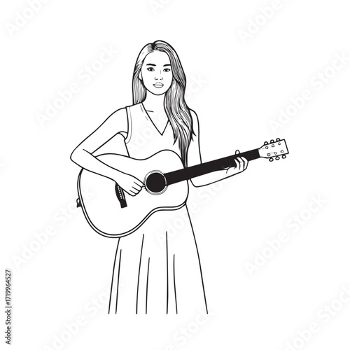 
Black and white line art of a cool woman playing guitar in casual outfit minimalist stylish illustration