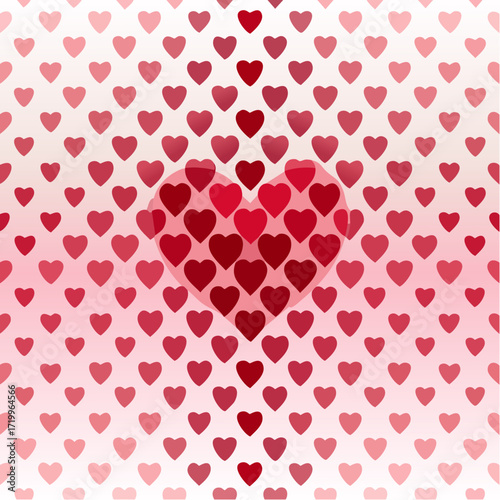 Vector background with pink to red gradient and scattered hearts, seamless design