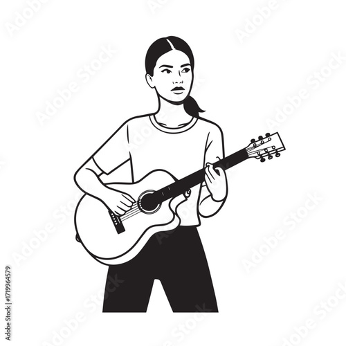 
Black and white line art of a cool woman playing guitar in casual outfit minimalist stylish illustration
