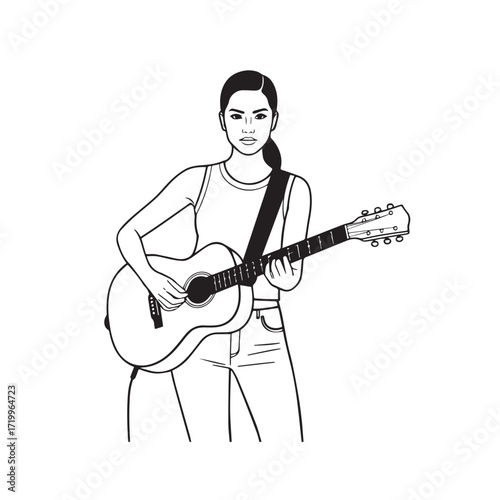 
Black and white line art of a cool woman playing guitar in casual outfit minimalist stylish illustration