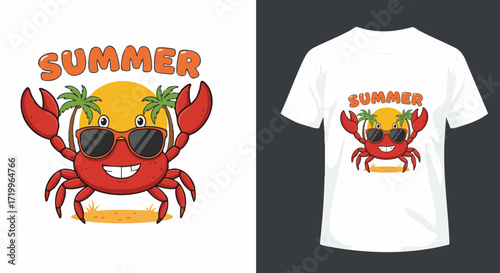 t shirt design Crab with Sunglasses in a Tropical Setting