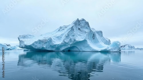Majestic iceberg floats serenely on calm, icy ocean waters under a soft sky.
