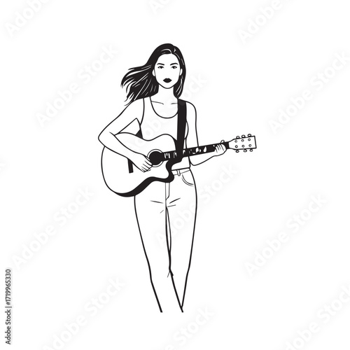 
Black and white line art of a cool woman playing guitar in casual outfit minimalist stylish illustration