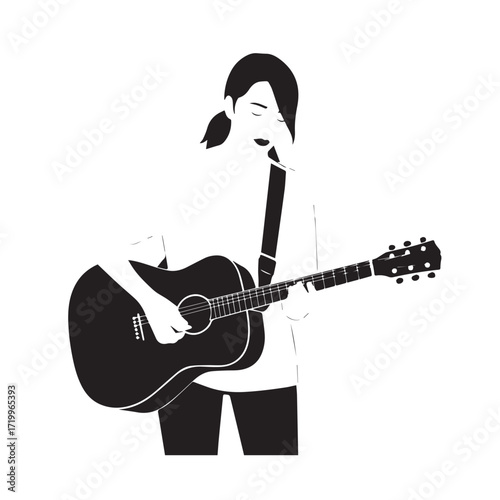 
Black and white line art of a cool woman playing guitar in casual outfit minimalist stylish illustration