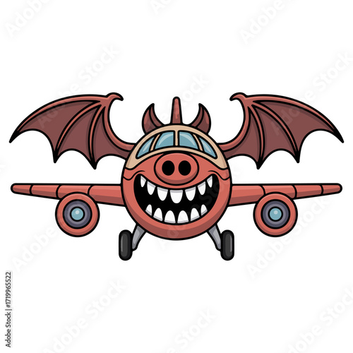 An airplane with monster features, with wings, a smiling mouth, and horns