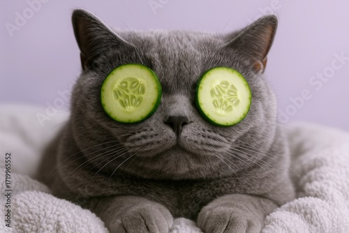 Gray Cat Enjoys Spa Day with Cucumber Eye Treatment, revealing funny feline relaxation and wellness concept on soft cozy bed