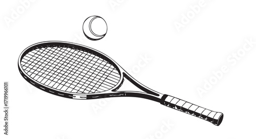 A classic black and white drawing of a tennis racket and a ball in motion