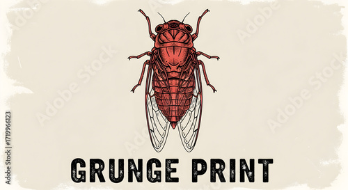Grunge cicada illustration with vintage print texture — retro entomology poster style