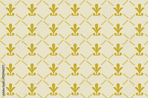 Elegant golden Fleur de lees pattern on a cream lattice background
