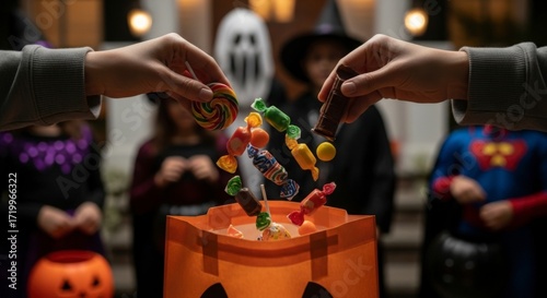Children in Halloween costumes dropping candy into a pumpkin bucket during trick-or-treating.