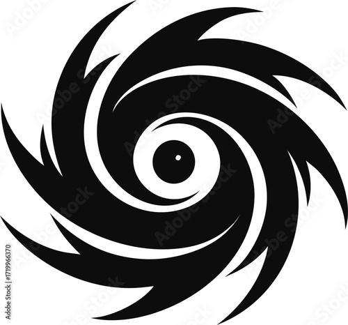 Stylized black hurricane symbol with swirling wind and eye
