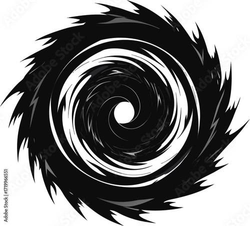 Abstract black and white swirling vortex with jagged edges