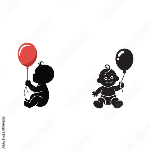 Two silhouette babies one with red balloon other with black balloon delightful childhood imagery