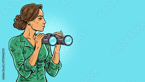 Woman looking through binoculars vintage pop art illustration