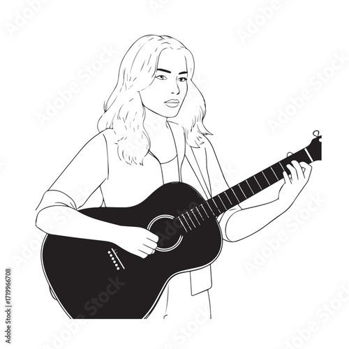 
Black and white line art of a cool woman playing guitar in casual outfit minimalist stylish illustration