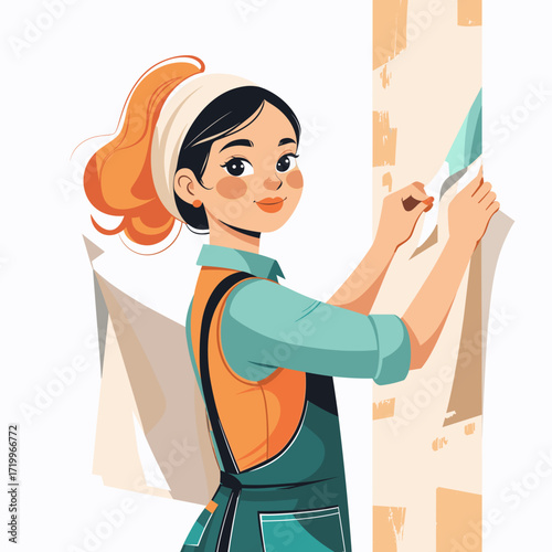 Confident woman removing old wallpaper indoors, flat style