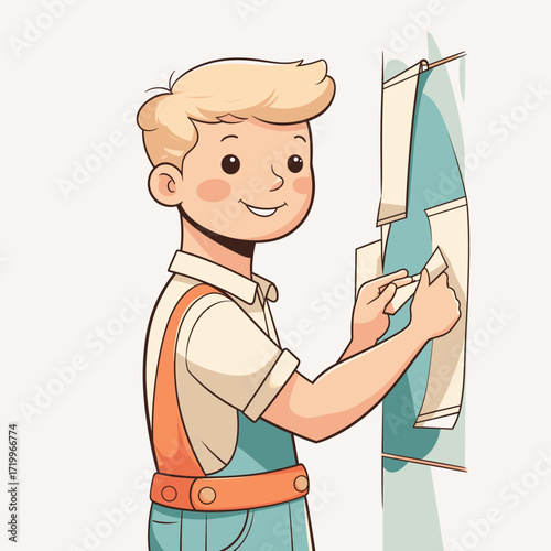 Cheerful boy peeling wallpaper strips indoors