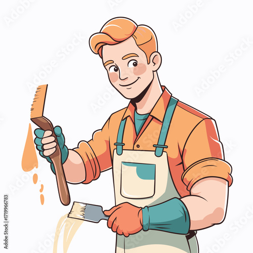 Man holding two paintbrushes in orange apron, smiling