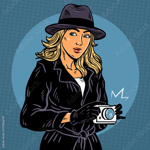 Female detective with camera noir square illustration