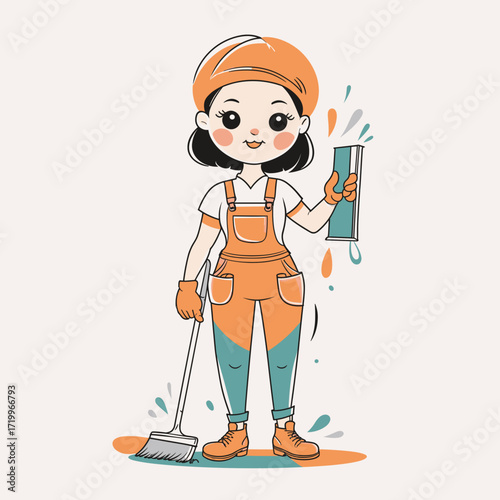 Smiling girl holding scraper and paint roller in work clothes
