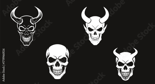 skull, skeleton, bone, horror, spooky, evil, horns, demon, monster, hell, death, gothic, dark, macabre, halloween, illustration, vector, set, collection, icon, symbol, a.i. generated, graphic, tattoo,