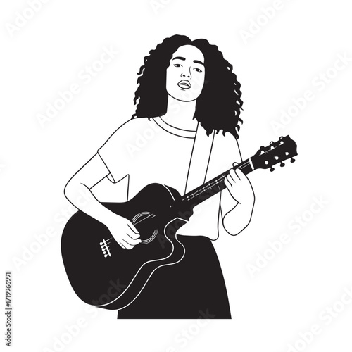
Black and white line art of a cool woman playing guitar in casual outfit minimalist stylish illustration