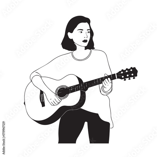 
Black and white line art of a cool woman playing guitar in casual outfit minimalist stylish illustration
