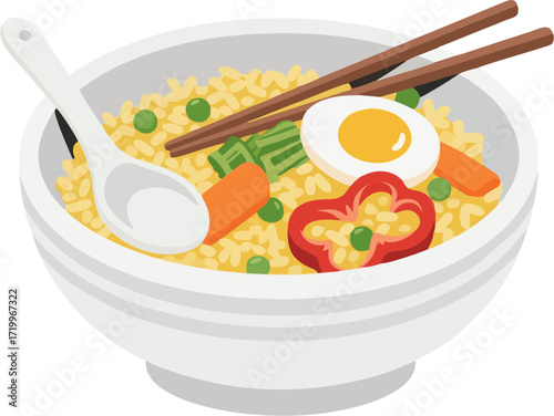 Minimalist Japanese Fried Rice Bowl Vector with Egg, Spoon, and Chopsticks – Asian Food Flat