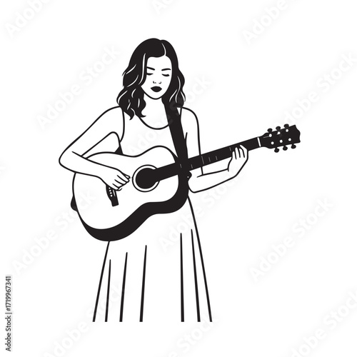 
Black and white line art of a cool woman playing guitar in casual outfit minimalist stylish illustration