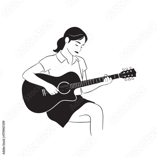 
Black and white line art of a cool woman playing guitar in casual outfit minimalist stylish illustration