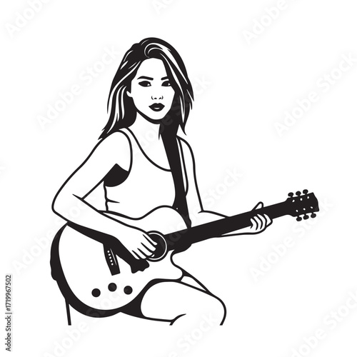 
Black and white line art of a cool woman playing guitar in casual outfit minimalist stylish illustration