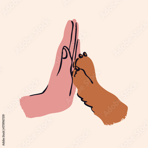Human hand with dog's paw. Paw giving high five to hand. Hand drawn modern Vector illustration. Pet care, animal protection, friendship, trust, love, vet clinic concept. Isolated design element