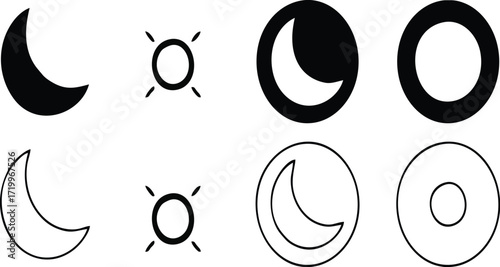 Set of moon and sun icons in black and white line style, including crescent moon, circle, and shining sun symbols representing night, day, astronomy, astrology, space, and celestial design