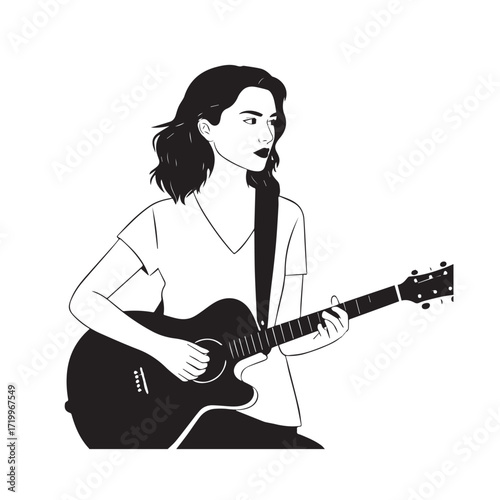 
Black and white line art of a cool woman playing guitar in casual outfit minimalist stylish illustration