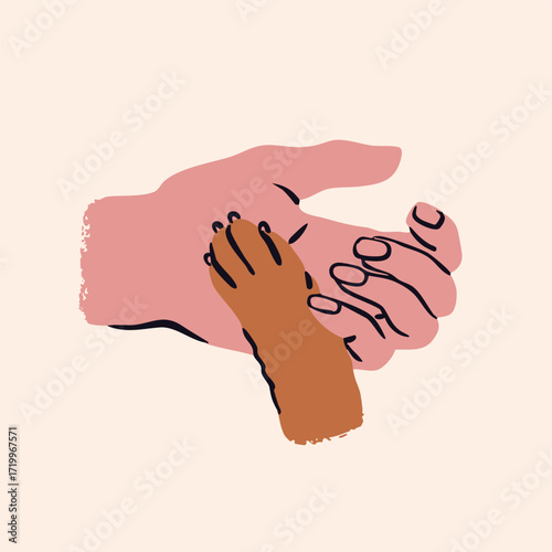 Human hand holding dog paw. Dog's paw lying in hand. Hand drawn Vector illustration. Pet care, animal protection, friendship, trust, love, vet clinic concept. Isolated design element