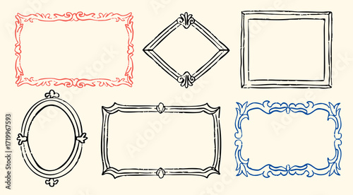 Various decorative picture Frames or Borders. Different shapes, ornates. Photo, mirror frames. Vintage design. Elegant outline style. Hand drawn trendy Vector illustration. Isolated design elements