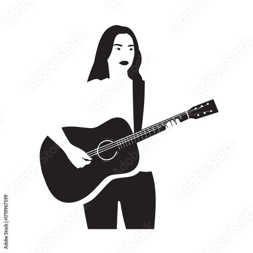 
Black and white line art of a cool woman playing guitar in casual outfit minimalist stylish illustration