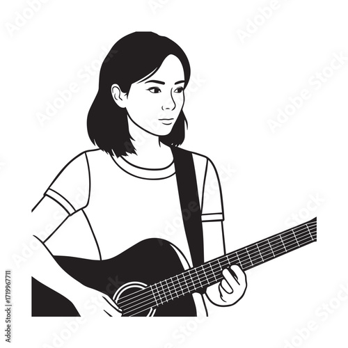 
Black and white line art of a cool woman playing guitar in casual outfit minimalist stylish illustration